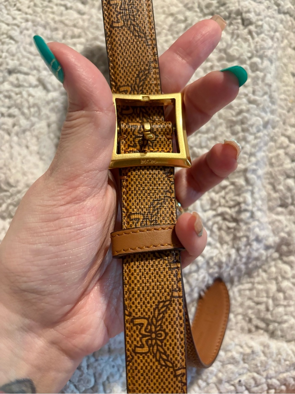 BNWT MCM Women’s Cognac Visetos Coated Canvas and Leather Belt - Size 30”